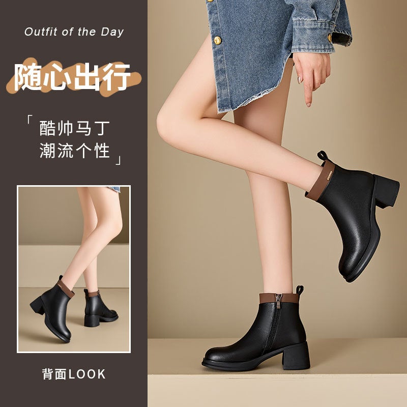 Easiest for Match Genuine Leather Boots Women's High-Heeled Chelsea Boots Slim Thick-Soled Short Boots 2025 New Slim Boots Wholesale - Image 3