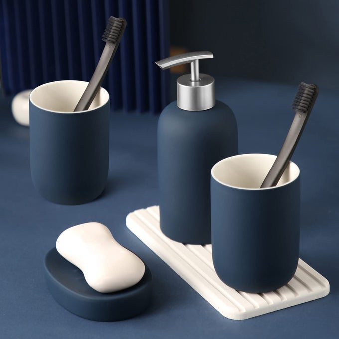 BATHROOMACCESSORY SETS 4 PIECES CERAMIC INCLUDING SOAP DISPENSER PUMP TUMBLER SOAP DISHBLUE
