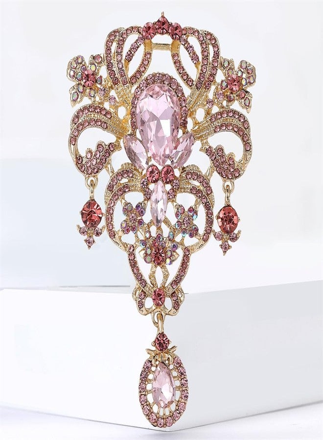 OIDIMS Rhinestone Baroque Vintage Brooch for Women Men Elegant Flower Teardrop Diamond Brooches Laple Pins Scarf Clip Clothes Accessories Boutonniere Corsage for Daily Wear Jewelry Wedding Holiday (Pink) - Image 4