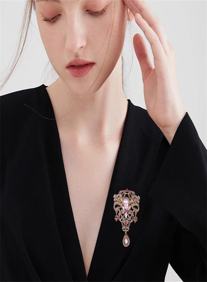 OIDIMS Rhinestone Baroque Vintage Brooch for Women Men Elegant Flower Teardrop Diamond Brooches Laple Pins Scarf Clip Clothes Accessories Boutonniere Corsage for Daily Wear Jewelry Wedding Holiday (Pink) - Image 2