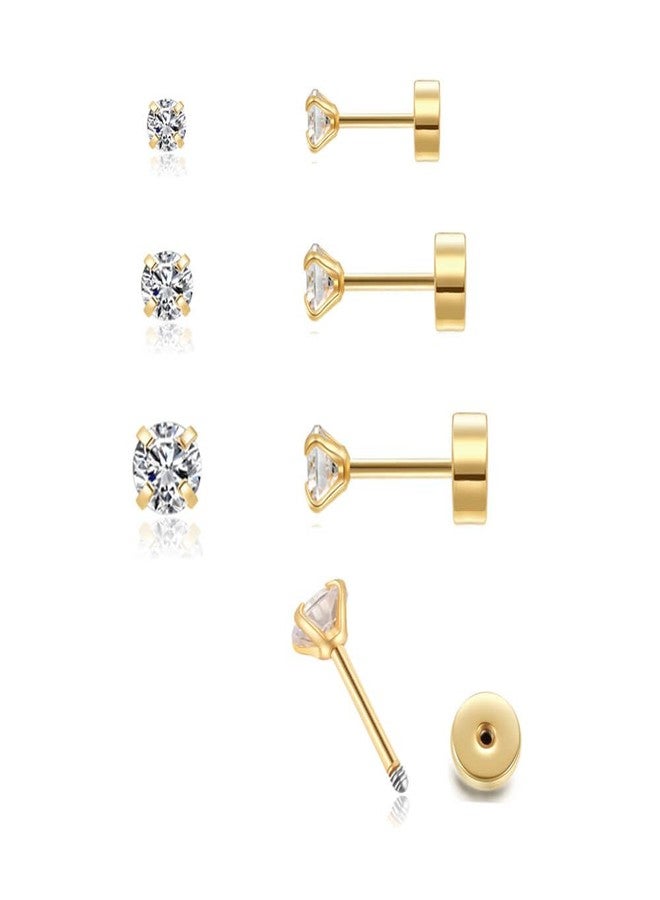 Renkovte 3Pairs CZ Stud Flat Screw Back Earrings for Women Multiple Piercing,Dainty Flatback Cubic Zirconia Cartilage Earring Stud,Helix Tragus Conch Piercing Jewelry (2mm/3mm/4mm Gold, White CZ) - Image 1