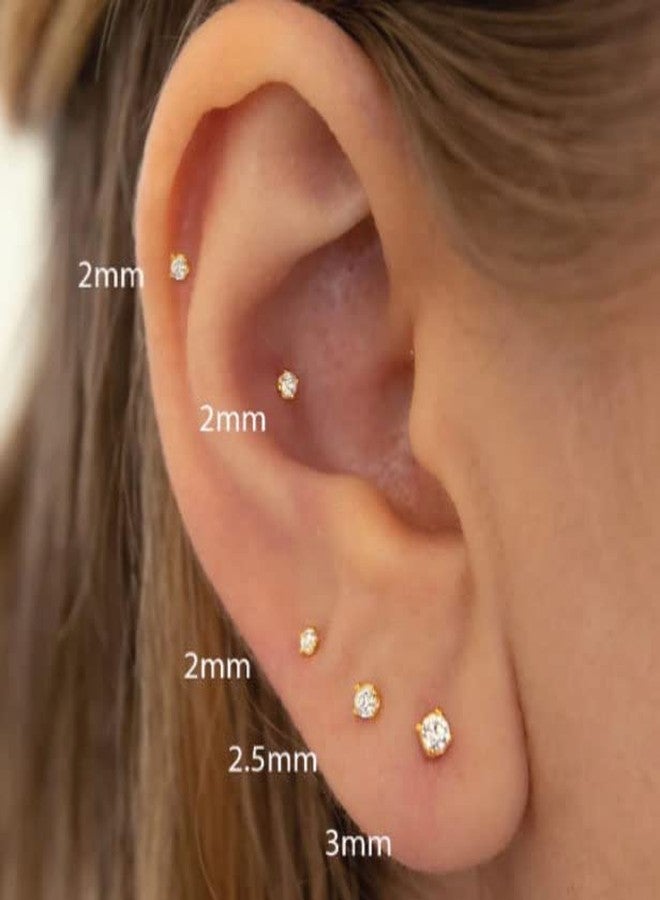 Renkovte 3Pairs CZ Stud Flat Screw Back Earrings for Women Multiple Piercing,Dainty Flatback Cubic Zirconia Cartilage Earring Stud,Helix Tragus Conch Piercing Jewelry (2mm/3mm/4mm Gold, White CZ) - Image 5