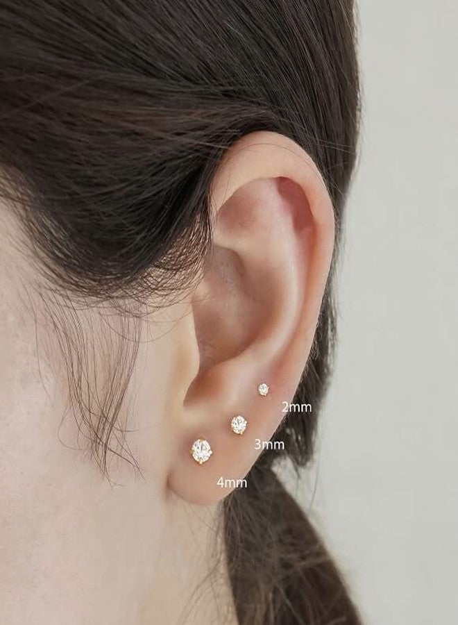 Renkovte 3Pairs CZ Stud Flat Screw Back Earrings for Women Multiple Piercing,Dainty Flatback Cubic Zirconia Cartilage Earring Stud,Helix Tragus Conch Piercing Jewelry (2mm/3mm/4mm Gold, White CZ) - Image 4