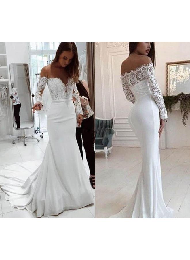 Autumn New European And American Women's Off-shoulder Lace Long Sleeve Dress Mop Wedding Dress New