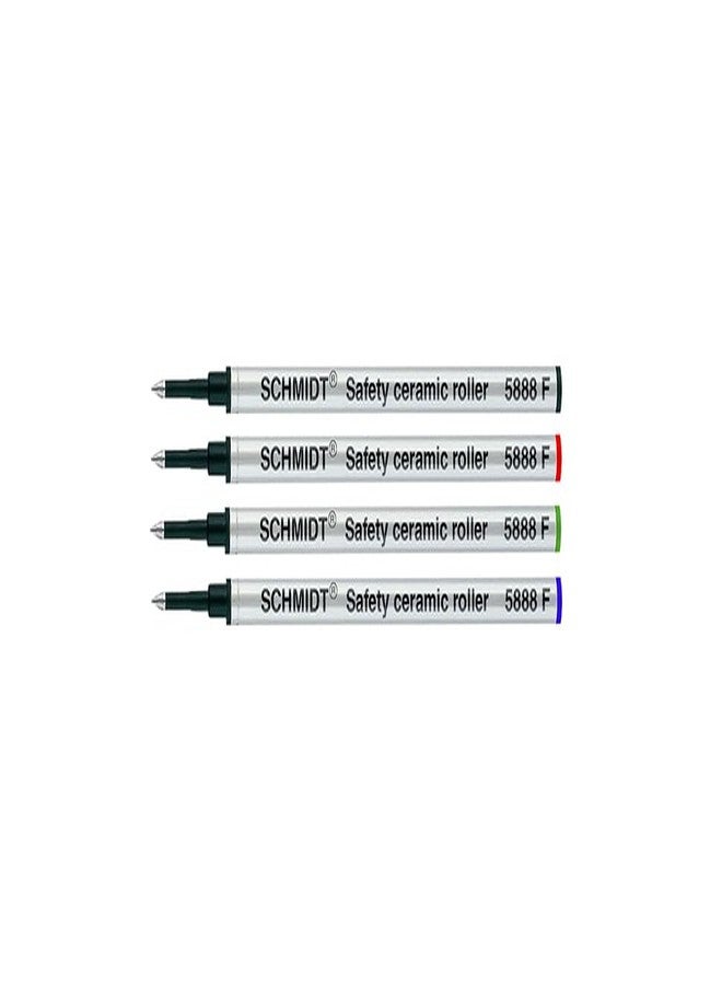 Lanier Pens Schmidt 5888 F Safety Ceramic Rollerball Refill Metal Tube - Green, Red, Black, Blue Ink, Fine Tip 0.6mm - Pack of 4 - Image 1
