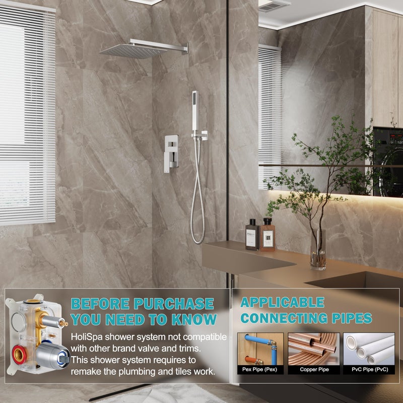 HoliSpa Brushed Nickel Shower System, Shower Faucet Set with 10-Inch Rain Showerhead and Handheld Spray, Wall Mounted High-Pressure Showerhead Combo Set Included Valve and Trim, Brushed Nickel - Image 2