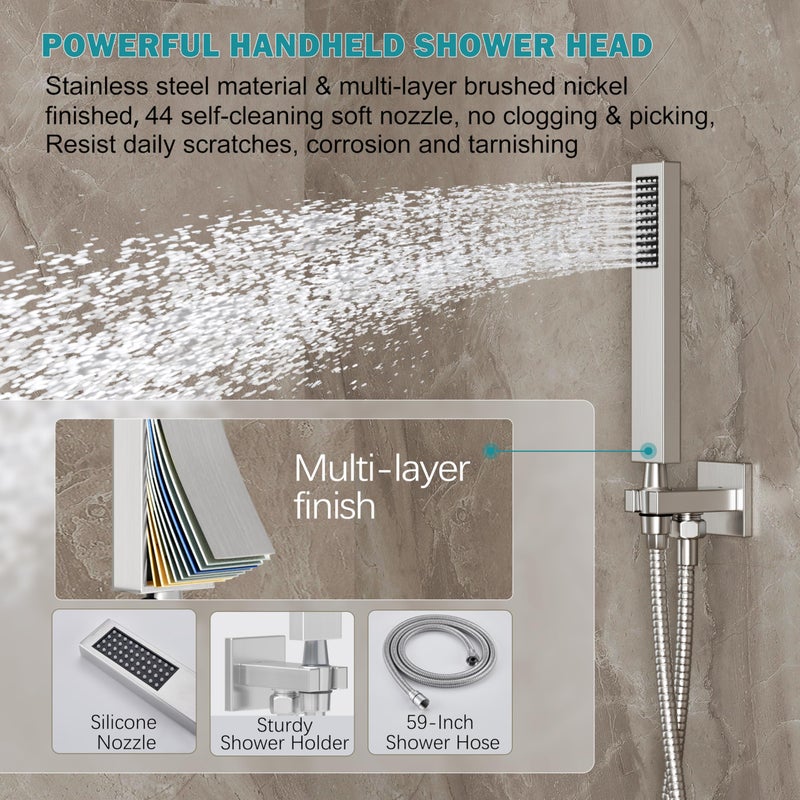 HoliSpa Brushed Nickel Shower System, Shower Faucet Set with 10-Inch Rain Showerhead and Handheld Spray, Wall Mounted High-Pressure Showerhead Combo Set Included Valve and Trim, Brushed Nickel - Image 4