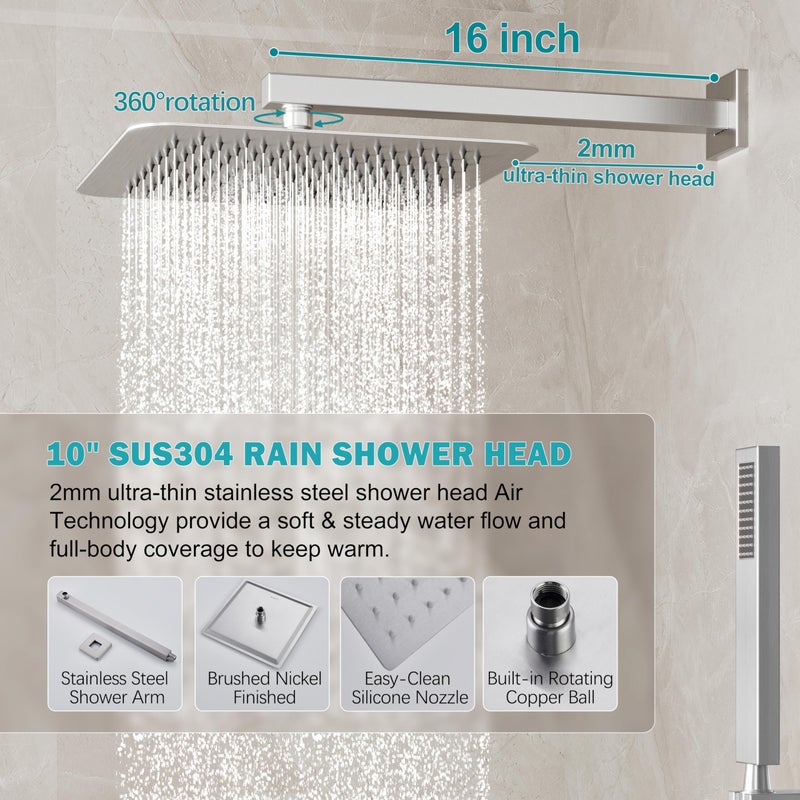 HoliSpa Brushed Nickel Shower System, Shower Faucet Set with 10-Inch Rain Showerhead and Handheld Spray, Wall Mounted High-Pressure Showerhead Combo Set Included Valve and Trim, Brushed Nickel - Image 3