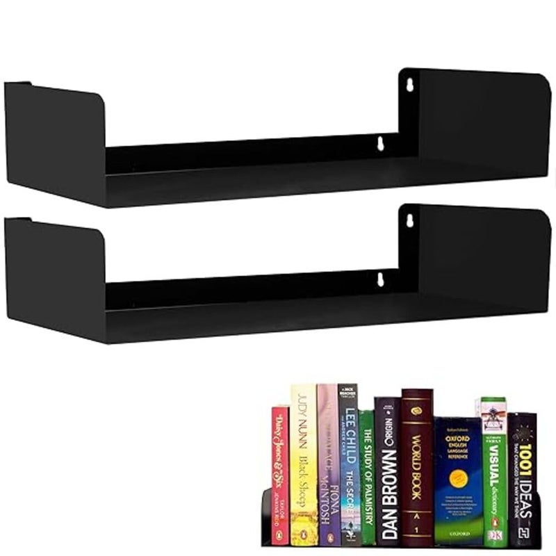 APPLICE Heavy Duty Wall Mounted Metal Bookshelf Shelves for Kitchen Bathroom Bedroom CD DVD Storage Display for Home Set of 2 Black - Image 1