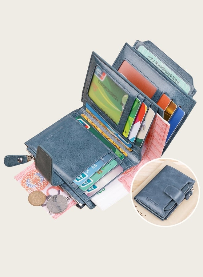 بانيانو محفظة رجالية ريترو مضادة للسرقة محفظة قصيرة من الجلد الطبيعي للرجال باللون الأزرق - Image 1