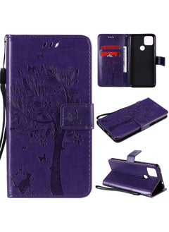 HuHa Case Cover For For Google Pixel 4a 5G / Pixel 5 XL Tree & Cat Embossed Pattern Horizontal Flip Leather Case with Holder & Card Slots & Wallet & Lanyard(Purple) 