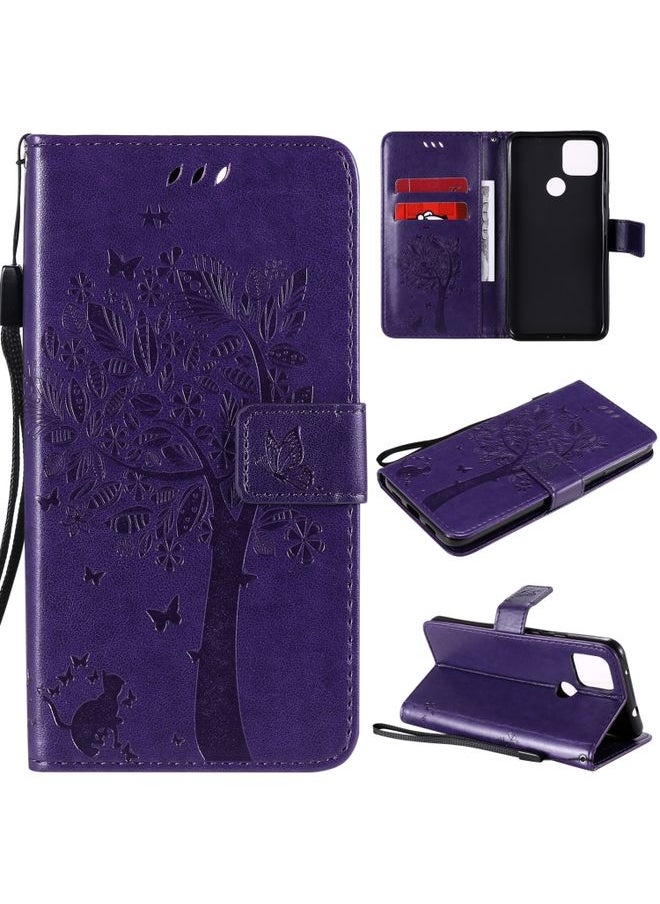 HuHa - Case Cover For For Google Pixel 4a 5G / Pixel 5 XL Tree & Cat Embossed Pattern Horizontal Flip Leather Case with Holder & Card Slots & Wallet & Lanyard(Purple) - Image 1
