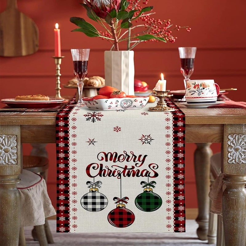HANSAMU Christmas Table Runner Merry Christmas Tree Ball Snowflake Linen Plaid Table Runners for Xmas Holiday Party Kitchen Dining Table Home Decorations 13 x 72 - Image 5