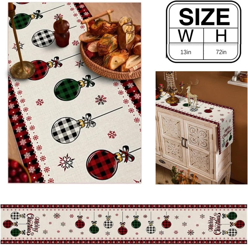 HANSAMU Christmas Table Runner Merry Christmas Tree Ball Snowflake Linen Plaid Table Runners for Xmas Holiday Party Kitchen Dining Table Home Decorations 13 x 72 - Image 4