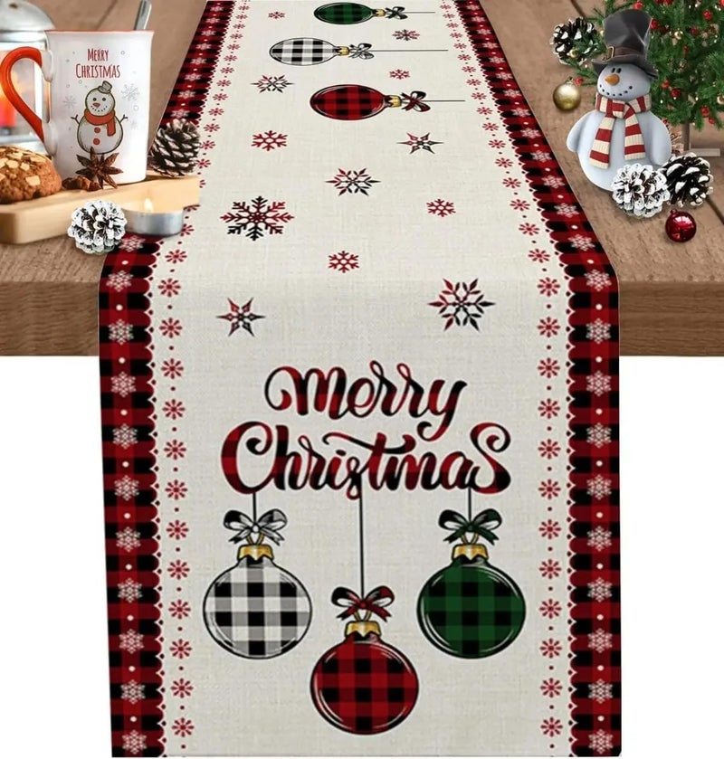 HANSAMU Christmas Table Runner Merry Christmas Tree Ball Snowflake Linen Plaid Table Runners for Xmas Holiday Party Kitchen Dining Table Home Decorations 13 x 72 - Image 1