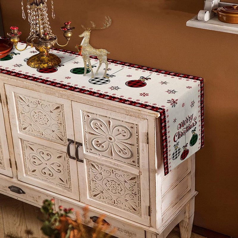 HANSAMU Christmas Table Runner Merry Christmas Tree Ball Snowflake Linen Plaid Table Runners for Xmas Holiday Party Kitchen Dining Table Home Decorations 13 x 72 - Image 3