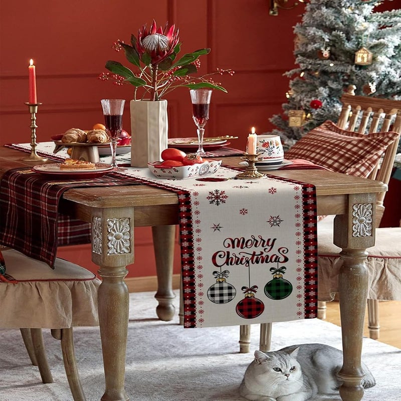 HANSAMU Christmas Table Runner Merry Christmas Tree Ball Snowflake Linen Plaid Table Runners for Xmas Holiday Party Kitchen Dining Table Home Decorations 13 x 72 - Image 2