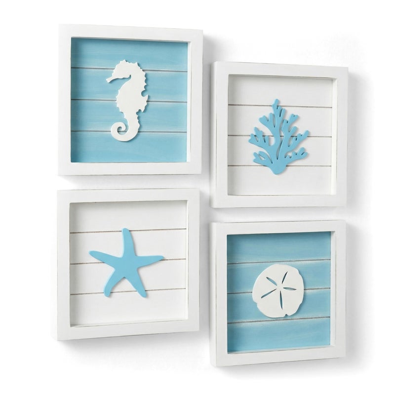 Tide and Tales TideAndTales Ocean Beach Themed Room Decor (Framed Set of 4) Coastal 3D Wall Art with Starfish, Seahorse, Sand Dollar and Coral - Turquoise Coastal Room Decor - Seashell Beach Decorations for Home - Image 1