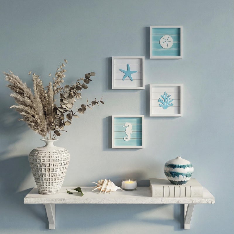 Tide and Tales TideAndTales Ocean Beach Themed Room Decor (Framed Set of 4) Coastal 3D Wall Art with Starfish, Seahorse, Sand Dollar and Coral - Turquoise Coastal Room Decor - Seashell Beach Decorations for Home - Image 2