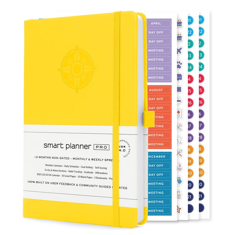 Smart Planner Pro Undated Daily Planner Small A5 Achieve Goals Increase Productivity Weekly Monthly Work Sections Organizer Diary with Back Pocket 3 Satin Bookmarks Pen Holder