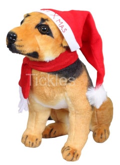 Tickles Soft Stuffed Plush Animal German Shephard Dog With Christmas Santa Cap And Muffler Toy For Kids Rooms (Color: Brown Size: 30 Cm)  - Image 1