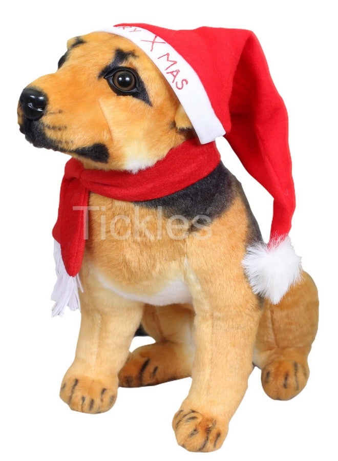 تيكلز لعبة كلب الراعي الألماني القطيفة الناعمة مع قبعة عيد الميلاد سانتا وكاتم للصوت لغرف الأطفال (اللون: بني، المقاس: 30 سم) - Image 1