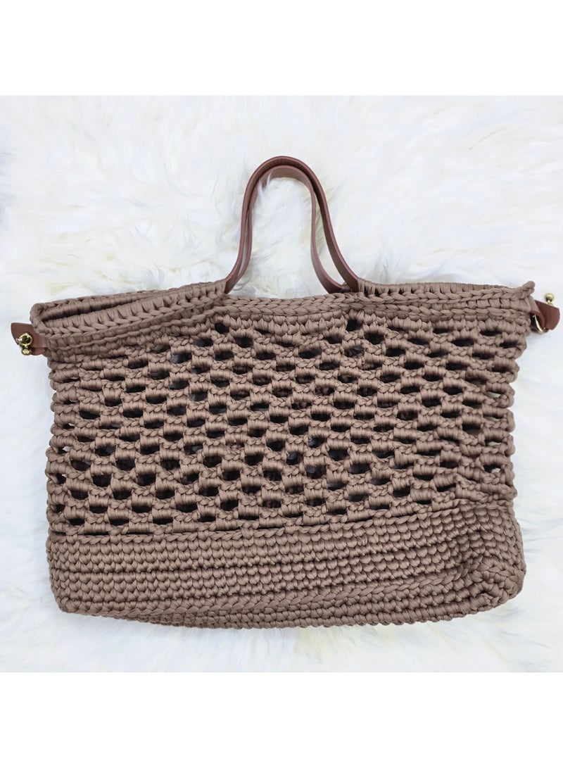 RandSac Tan Crochet Handbag with Lattice Design and Brown Leather Handles  - Image 1