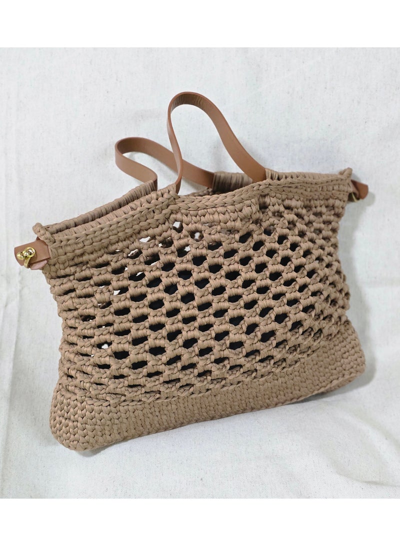 RandSac Tan Crochet Handbag with Lattice Design and Brown Leather Handles  - Image 2