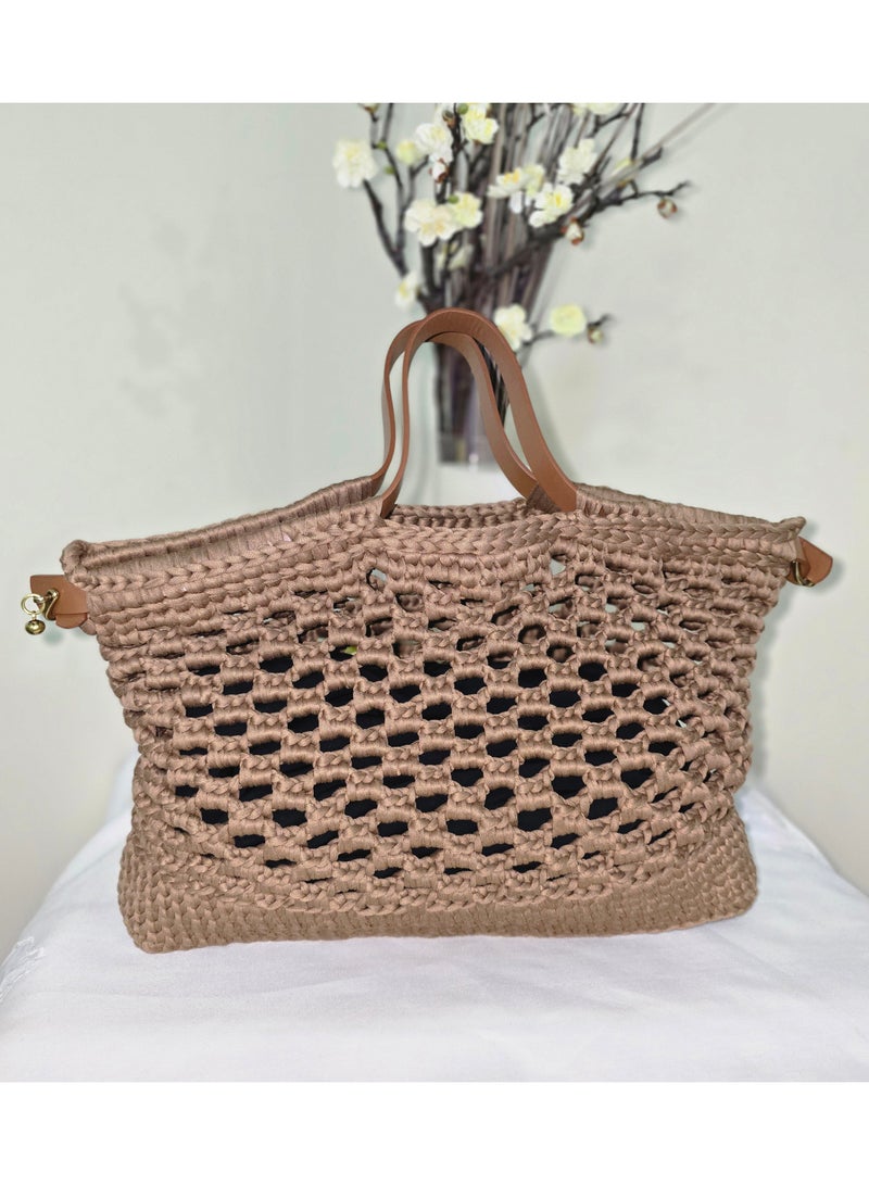RandSac Tan Crochet Handbag with Lattice Design and Brown Leather Handles  - Image 3