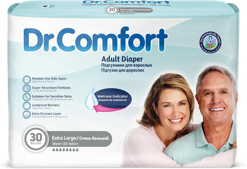 Dr. Comfort Extra Large Adult Diapers - 30 Count, Highly Absorbent Incontinence Care with Leakproof Barriers and Wetness Indicator, Waist Size 120-170cm