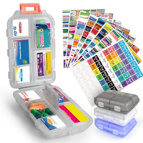 CAPHONT 3 Pcs DIY Travel Pill Organizer with Labels Pocket Pharmacy, 3 Pill Box & 420 Medicine Labels, Portable Travel Essentials Mini Pill Container 7 Day Pill Case Storage Vitamin Fish Oil (Set A) - Image 1