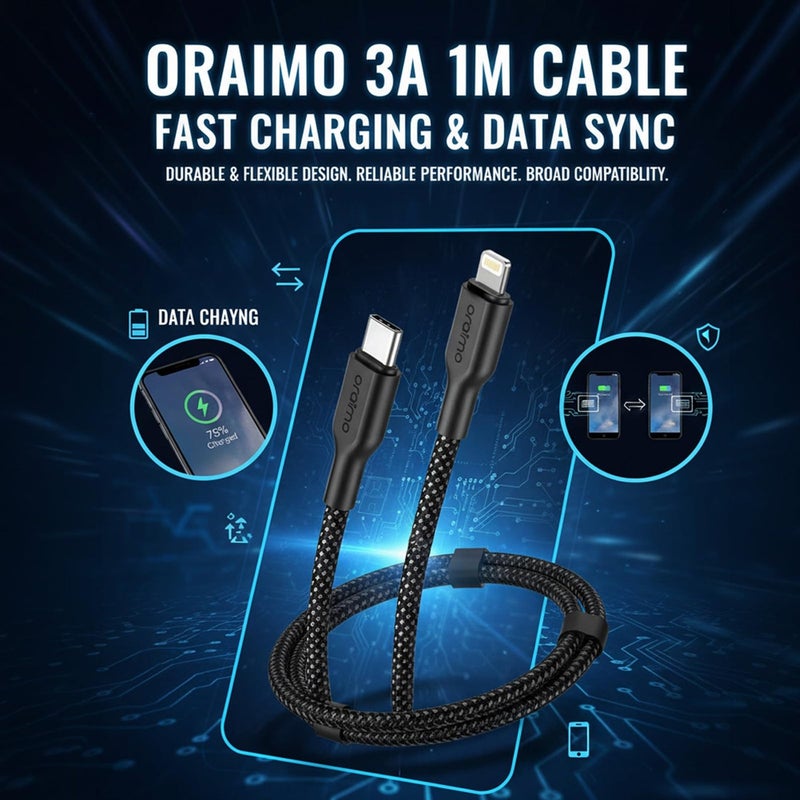 أورايمو كيبل شحن سريع Oraimo OCD-152CL بقوة 45 واط من النوع C إلى Lightning لأجهزة iPhone - أسود - Image 5