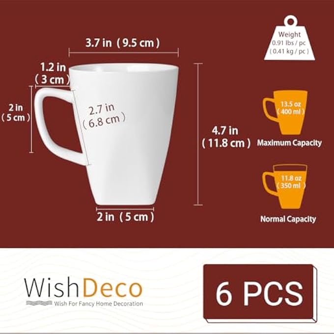 WishDeco أكواب القهوة البيضاء مجموعة من 6 أكواب قهوة خزفية بحجم 14 أونصة 400 مل أكواب شاي حديثة أكواب شاي خزفية كوب كبير للاتيه كابتشينو عصير الحليب المربع القاع آمن للميكروويف وغسالة الصحون - Image 3