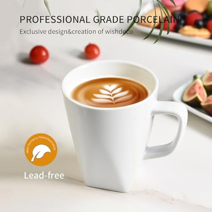 WishDeco أكواب القهوة البيضاء مجموعة من 6 أكواب قهوة خزفية بحجم 14 أونصة 400 مل أكواب شاي حديثة أكواب شاي خزفية كوب كبير للاتيه كابتشينو عصير الحليب المربع القاع آمن للميكروويف وغسالة الصحون - Image 4