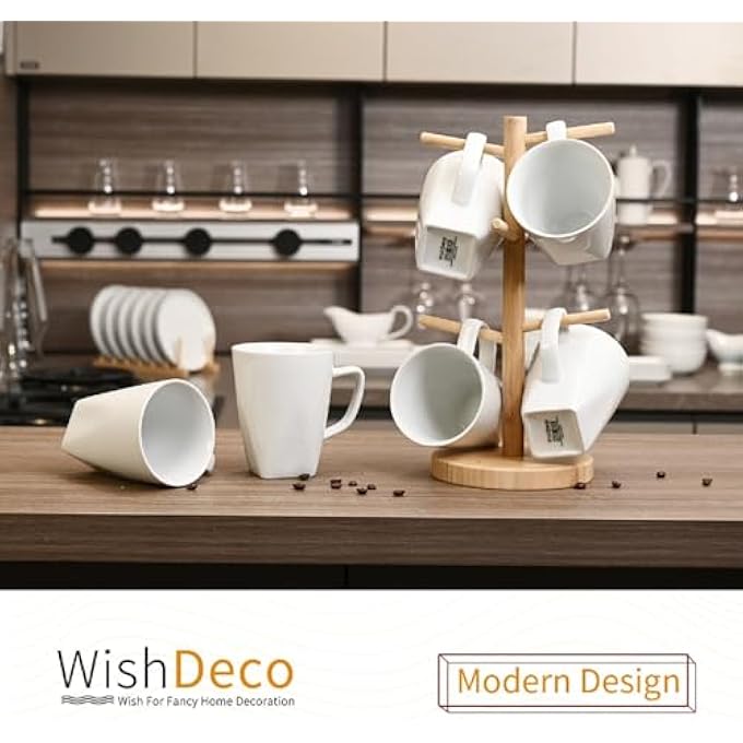WishDeco أكواب القهوة البيضاء مجموعة من 6 أكواب قهوة خزفية بحجم 14 أونصة 400 مل أكواب شاي حديثة أكواب شاي خزفية كوب كبير للاتيه كابتشينو عصير الحليب المربع القاع آمن للميكروويف وغسالة الصحون - Image 5