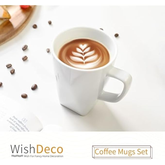 WishDeco أكواب القهوة البيضاء مجموعة من 6 أكواب قهوة خزفية بحجم 14 أونصة 400 مل أكواب شاي حديثة أكواب شاي خزفية كوب كبير للاتيه كابتشينو عصير الحليب المربع القاع آمن للميكروويف وغسالة الصحون - Image 2