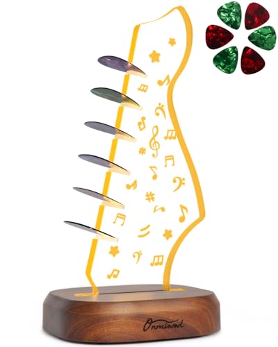 Onmiwod Light Up Guitar Pick Holder with 6 Guitar Picks Acacia Wood Acrylic Music Note Pick Holder Case for Guitar Pick Storage Display Guitar Music Accessories Gift for Guitar Player Music Lover - Image 1