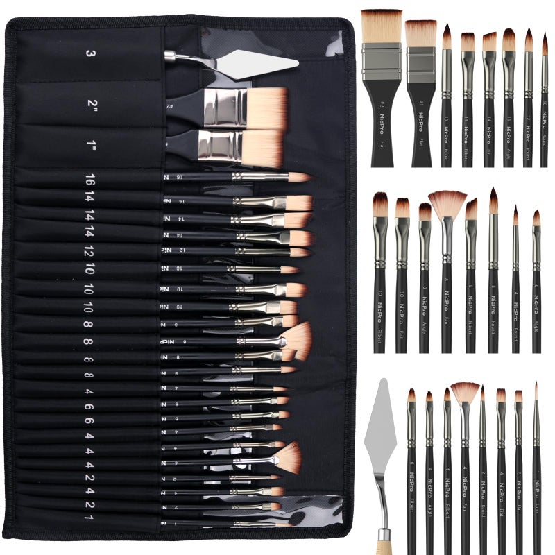 Nicpro 26pcs Paint Brush Set, Professional Paintbrushes with Palette Knife, Craft Paint Brushes for Acrylic Painting, Oil, Watercolor, Gouache & Canvas, Drawing & Art Supplies for Adults, Artists Gift - Image 1