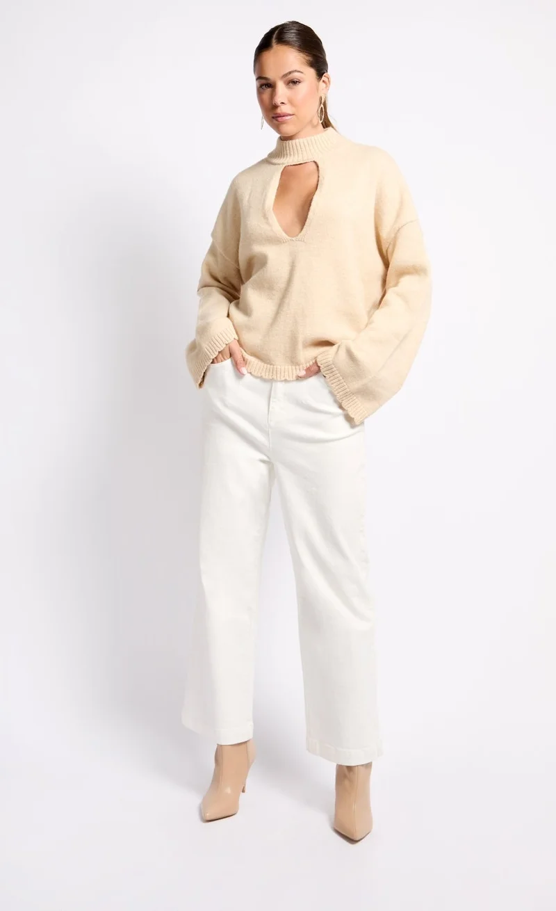 Little Mistress Oatmeal Knit Keyhole Top