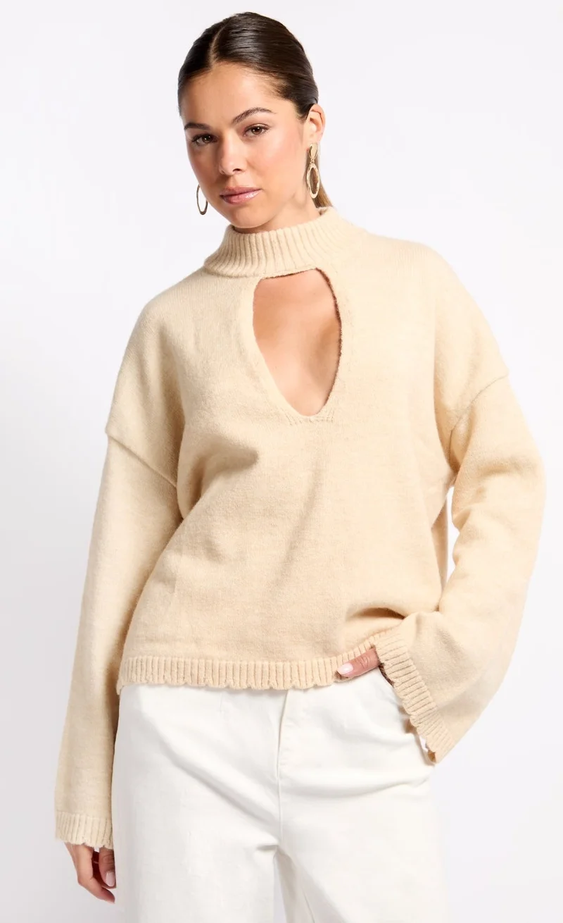 Little Mistress Oatmeal Knit Keyhole Top