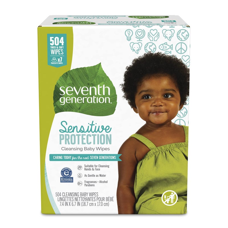 Seventh Generation Baby Wipes, Sensitive Protection with Flip Top Dispenser, White, unscented, 72 Count (Pack of 7) (Packaging May Vary) - Image 1