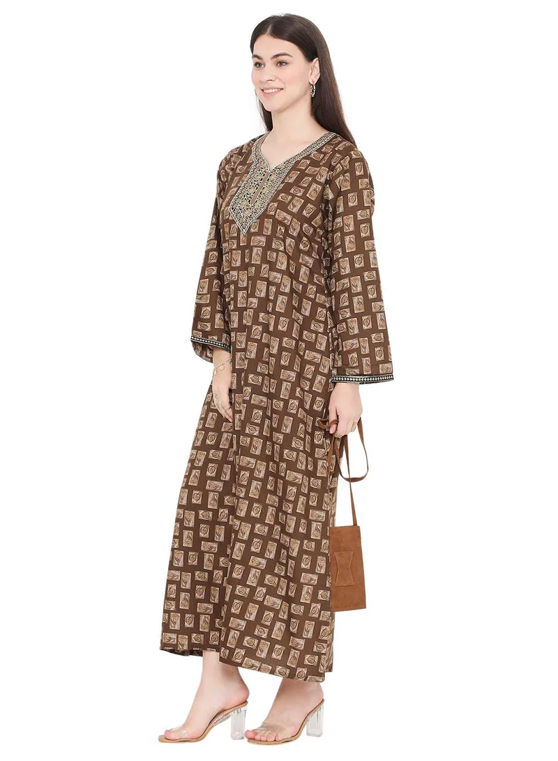 HANA & SARA CASUAL DAILY WEAR CLOTHING OUTFIT PRINTED JALABIYA WITH UNIQUE THREAD EMBROIDERY