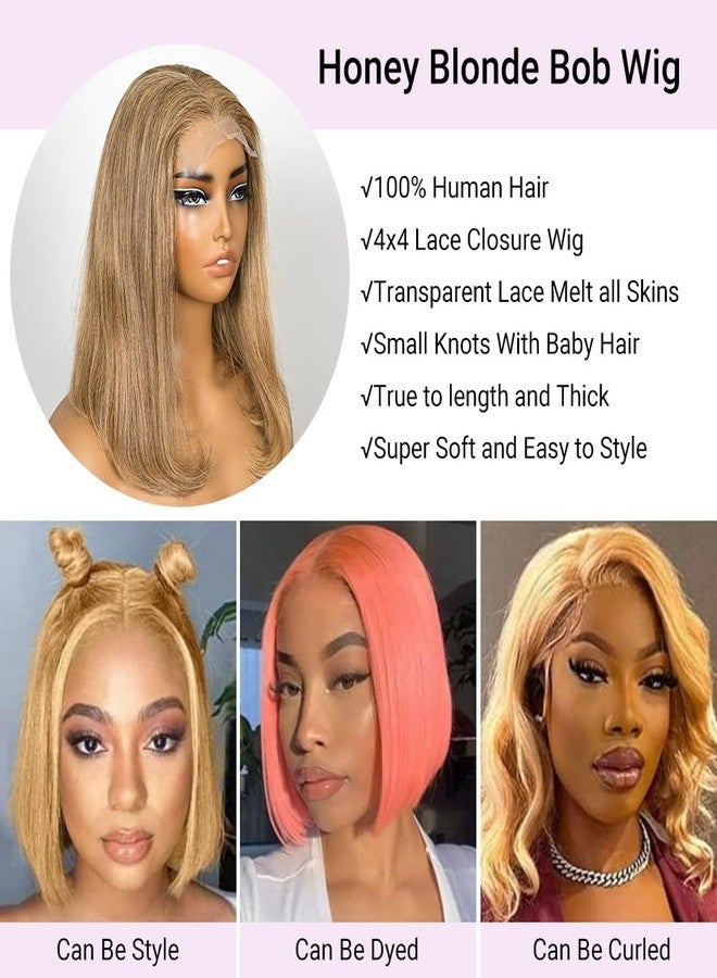 سوبر نوفا باروكة شعر بوب قصيرة بلون العسل الأشقر من سوبرنوفا، شعر بشري طبيعي رقم 27، لون 4x4، مزودة بإغلاق دانتيل، مناسبة للنساء ذوات البشرة السمراء، شعر قصير بوب منتف مسبقًا، شعر بشري مستقيم، كثافة 200، طول 10 بوصات - Image 4