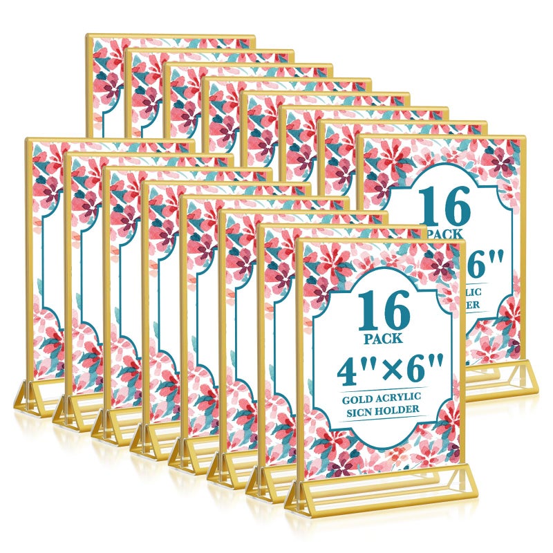 NICELINK Gold Acrylic Sign Holder 4x6, 16 Pack Wedding Gold Frame Table Number Holders Vertical, Clear Picture Frames Flyer Stands Tables Menu Holder, Double Photo Paper Display Holder for Party, Home, Office - Image 1
