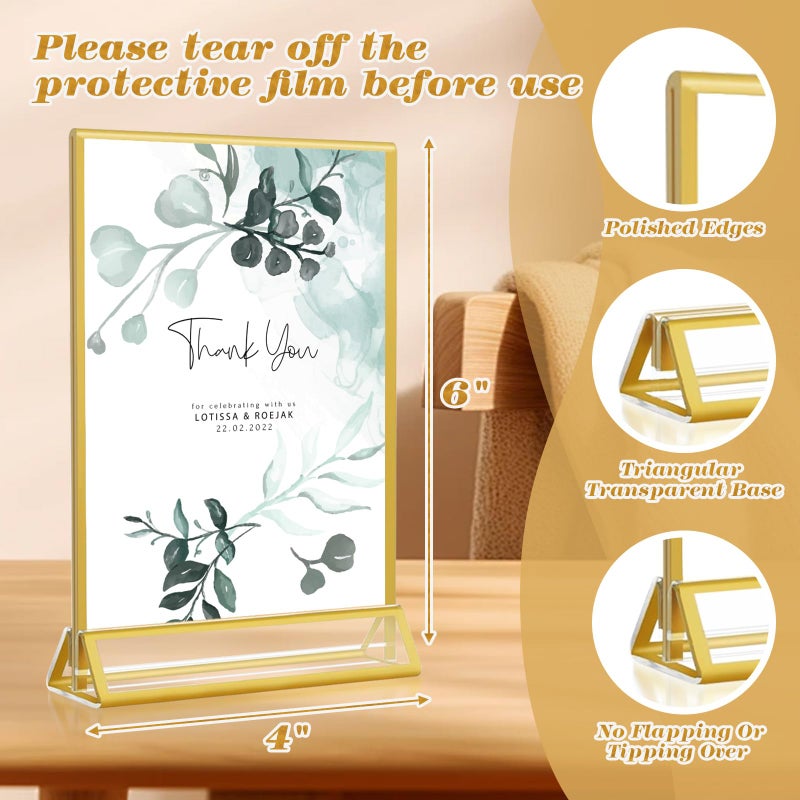 NICELINK Gold Acrylic Sign Holder 4x6, 16 Pack Wedding Gold Frame Table Number Holders Vertical, Clear Picture Frames Flyer Stands Tables Menu Holder, Double Photo Paper Display Holder for Party, Home, Office - Image 3