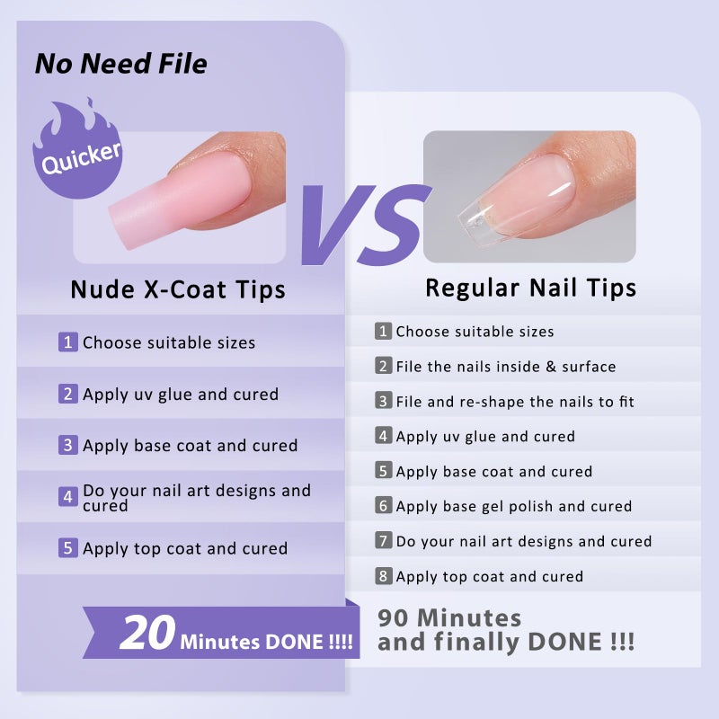 BTArtbox XCOATTIPS Soft Gel Nail Tips - Matte Long Square Press On Nails Pink Colored Natural with Tip Primer Cover, One-Step Full Cover Fake Nails Gel Nails for Nail Extensions Art - Image 5