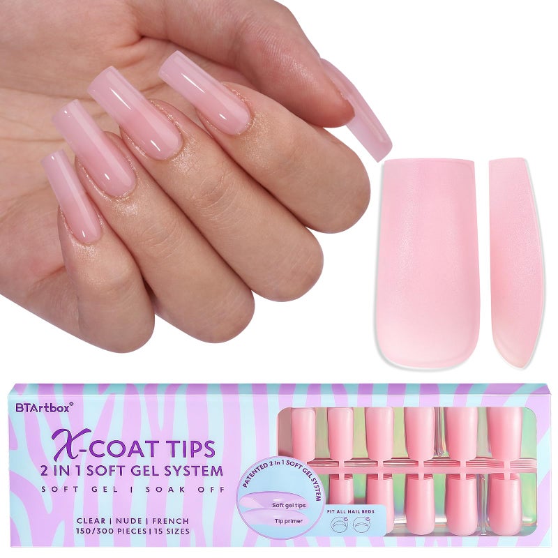 BTArtbox XCOATTIPS Soft Gel Nail Tips - Matte Long Square Press On Nails Pink Colored Natural with Tip Primer Cover, One-Step Full Cover Fake Nails Gel Nails for Nail Extensions Art - Image 1