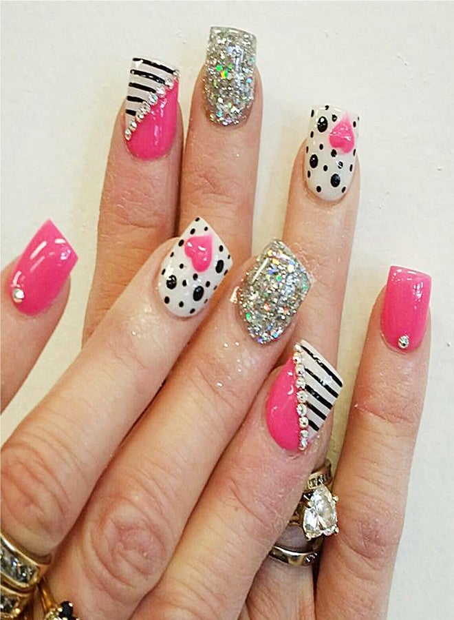 LRKNNO Valentines Press on Nails Short Square Heart Fake Nails Glitter Rhinestones French Press on Nails with Designs Full Cover False Nails Cute Pink Valentines Day Acrylic Nails for Women Girl 24Pcs - Image 1