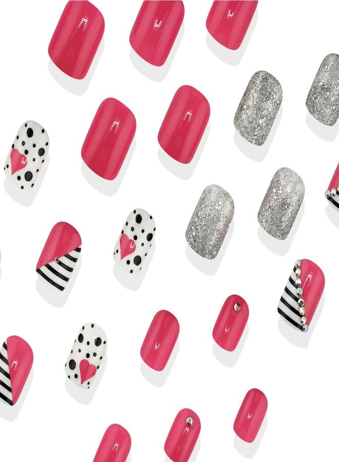 LRKNNO Valentines Press on Nails Short Square Heart Fake Nails Glitter Rhinestones French Press on Nails with Designs Full Cover False Nails Cute Pink Valentines Day Acrylic Nails for Women Girl 24Pcs - Image 2