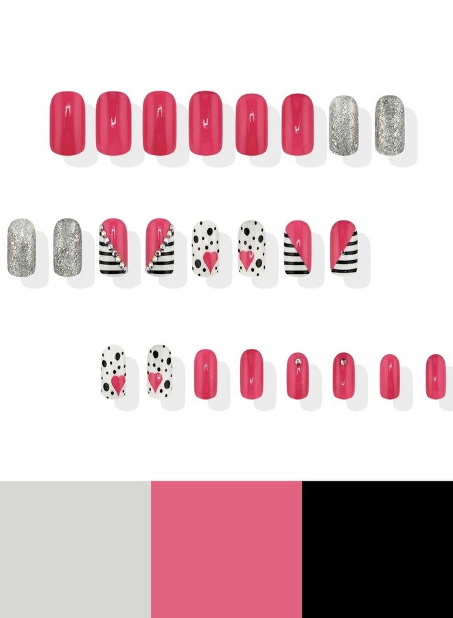 LRKNNO Valentines Press on Nails Short Square Heart Fake Nails Glitter Rhinestones French Press on Nails with Designs Full Cover False Nails Cute Pink Valentines Day Acrylic Nails for Women Girl 24Pcs - Image 3